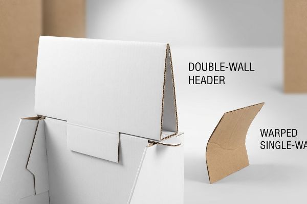 El panel superior de cartón corrugado blanco de doble pared para un expositor de punto de venta se mantiene firme, en contraste con una pieza de cartón marrón de pared simple deformada.