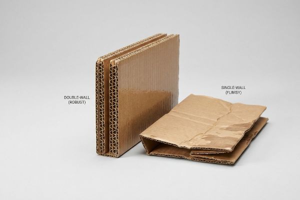 Robust Double-Wall corrugated cardboard stands next to a flimsy, crumpled Single-Wall sample, illustrating material strength.