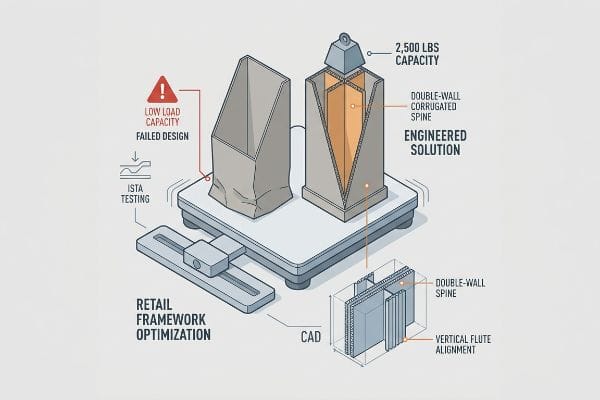 Isometric illustration comparing a Failed Design with low load capacity to an Engineered Solution, highlighting a Double-Wall Corrugated Spine and Vertical Flute Alignment for 2,500 Lbs Capacity during ISTA Testing.