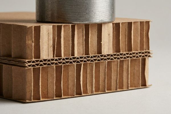 Braune doppelwandige Wellpappe mit vertikalen Wellen, die ein zylindrisches Metallgewicht trägt.