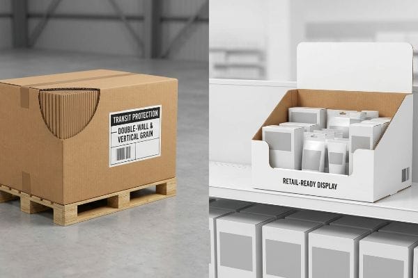 Brown corrugated box showing Double-Wall & Vertical Grain for Transit Protection, alongside a white Retail-Ready Display.