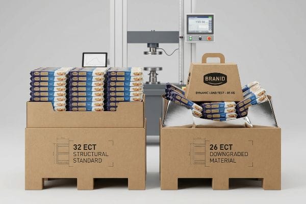 Brown cardboard displays: stable 32 ECT Structural Standard versus failing 26 ECT Downgraded Material under an 85 KG BrandID Dynamic Load Test.
