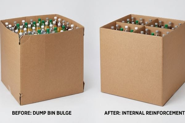 Cardboard dump bins comparison: Before Dump Bin Bulge with outward bowing, After Internal Reinforcement with straight walls, filled with bottled beverages.