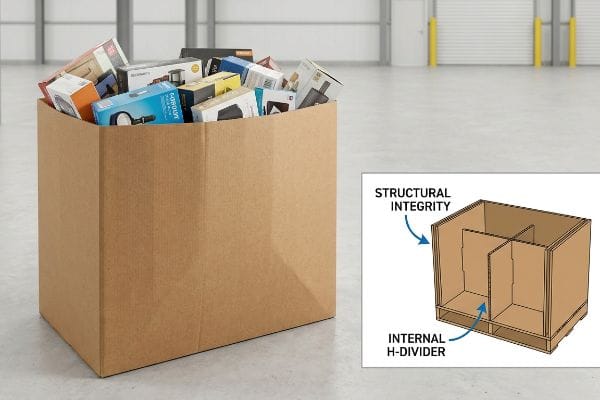 Corrugated dump bin filled with products, alongside a diagram showing its Internal H-Divider for Structural Integrity.