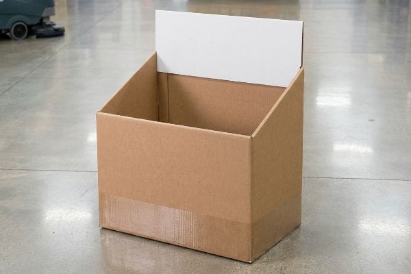 Brown corrugated cardboard dump bin display with a white header card, featuring a clear moisture barrier on its bottom 4 inches.