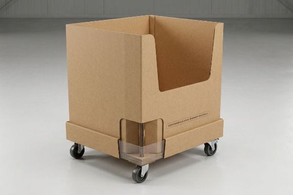Brown corrugated mobile dump bin with casters, featuring a reinforced base and 