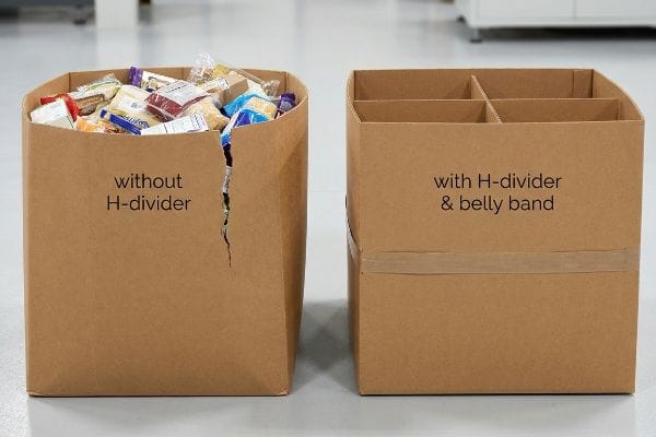 Brown corrugated dump bins: one 'without H-divider' torn by product bulge, the other 'with H-divider & belly band' intact, showcasing structural reinforcement.