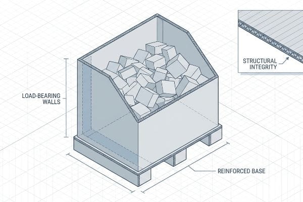 An isometric illustration of a corrugated dump bin display filled with cubes, emphasizing Load-Bearing Walls, a Reinforced Base, and the Structural Integrity of its material.