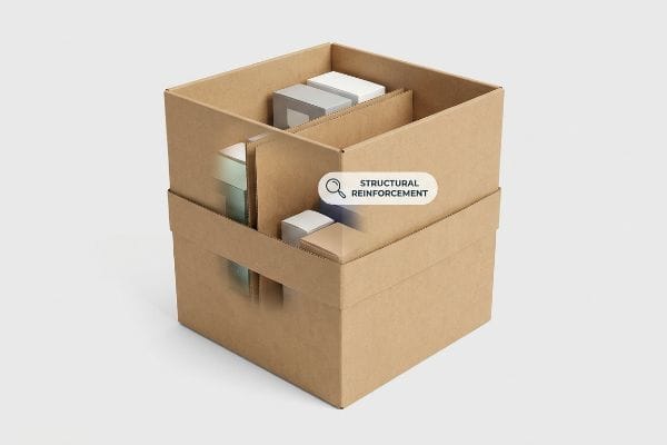 Brown corrugated cardboard dump bin with internal dividers, showcasing Structural Reinforcement for stability.