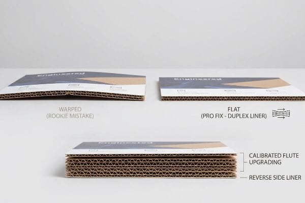 Engineered corrugated cardboard panels illustrating a warped 'Rookie Mistake', a flat 'Pro Fix - Duplex Liner', and 'Calibrated Flute Upgrading' with a 'Reverse Side Liner'.