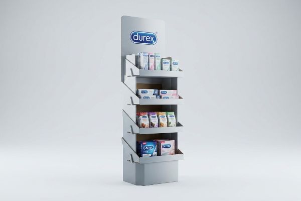 Grey Durex cardboard floor display stand with four shelves, featuring diverse condom and lubricant products for strategic retail merchandising.