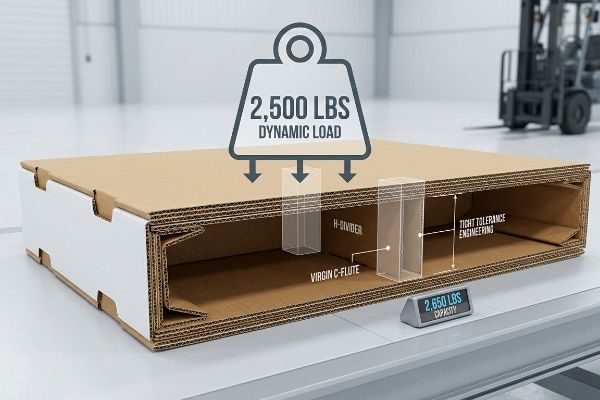 Querschnitt von C-Welle-Wellpappe mit H-Trennsteg: Dynamische Belastbarkeit 2.500 lbs, enge Toleranzen, Tragfähigkeit 2.650 lbs.