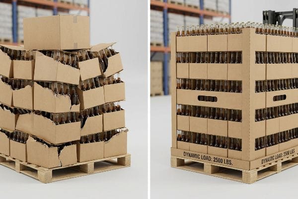Cardboard beverage packaging comparison on pallets, showing damaged boxes versus sturdy, engineered cartons with 'Dynamic Load: 2500 Lbs.' for club stores.
