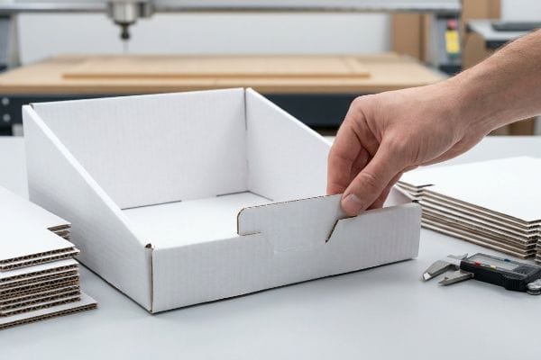 White E-flute corrugated display tray assembly, a hand folding a tab, with a digital caliper and flat cardboard sheets.