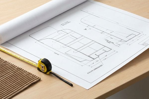 An engineering blueprint for a corrugated retail display, detailing 'E-Flute Corrugated' specifications and 'Spot Gloss Area' for high-visibility printing, with a measuring tape and cardboard on a wooden desk.