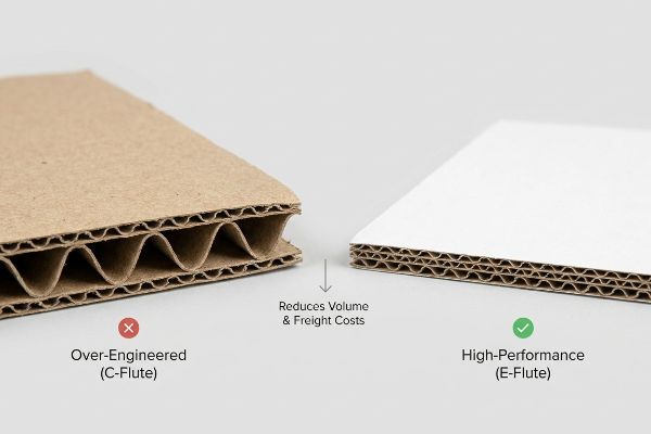 Brown Over-Engineered C-Flute corrugated board versus white High-Performance E-Flute, showing reduced volume and freight costs.
