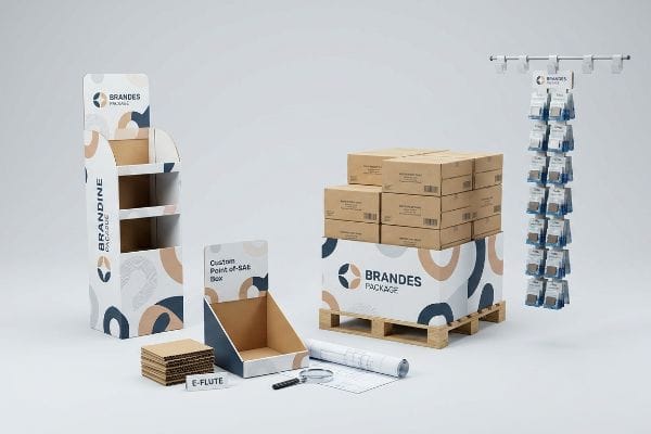 Brandes Package corrugated displays: freestanding floor, pallet, Custom Point-Of-Sale Box, and clip strip, with E-Flute.