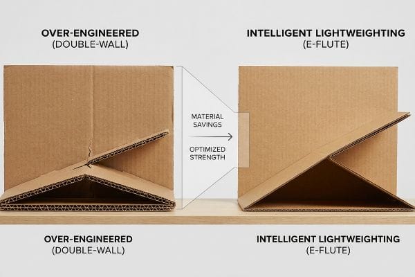 Corrugated cardboard comparison: Over-Engineered Double-Wall versus Intelligent Lightweighting E-Flute, highlighting Material Savings and Optimized Strength.