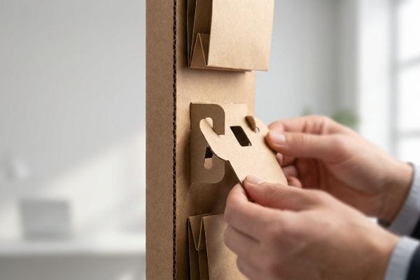 Mãos montam uma tira de papelão ondulado kraft virgem com um clipe, fixando uma aba de travamento de papel em uma ranhura recortada para embalagens monomateriais.