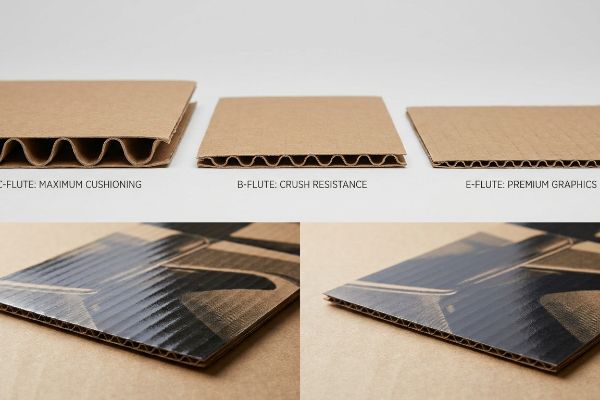 Corrugated C-Flute, B-Flute, E-Flute samples showing Maximum Cushioning, Crush Resistance, and Premium Graphics, plus a printed E-flute.