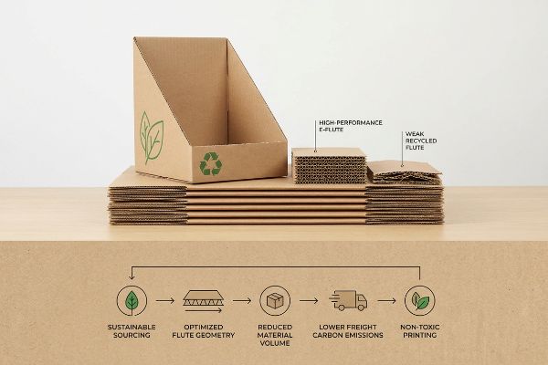Corrugated display box with green symbols, High-Performance E-Flute, and Weak Recycled Flute samples, illustrating sustainable packaging process.