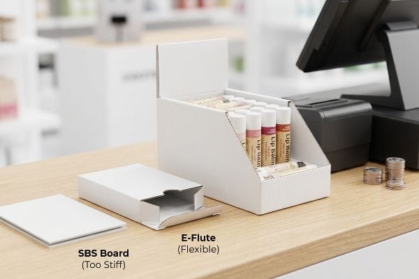 E-Flute flexible display box with lip balms, contrasted by a stiff SBS Board sample on a retail counter.