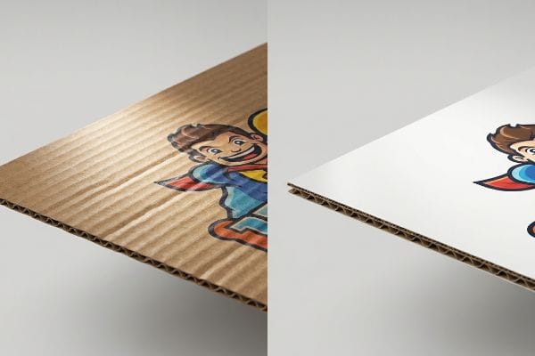 E-flute corrugated board comparison: brown washboard surface with superhero print versus smooth white SBS laminated board.