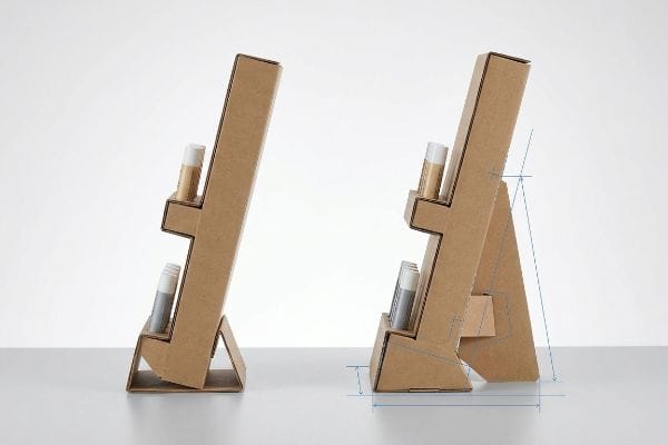 Corrugated cardboard POS display, extended easel back, with lip balms. Blue lines show structural balance.