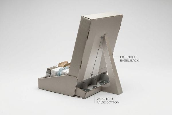 Cardboard table top display with an Extended Easel Back and Weighted False Bottom, ensuring stability for products.