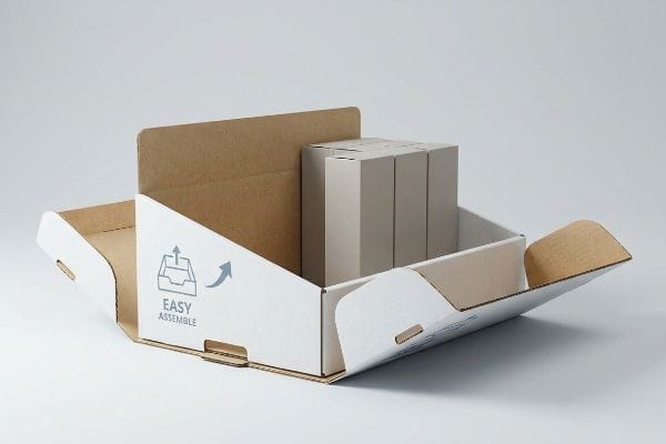 White and kraft cardboard PDQ display with 'Easy Assemble' graphic, showcasing pre-glued modular structure and pop-open lock bottom.