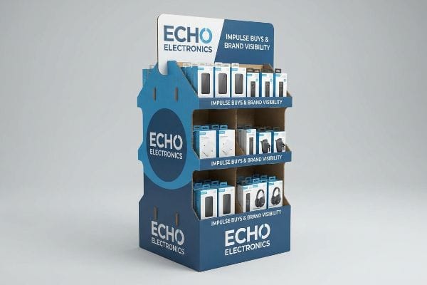 A blue and white corrugated Echo Electronics POP display stand features three tiers of boxed electronic products, promoting Impulse Buys & Brand Visibility.