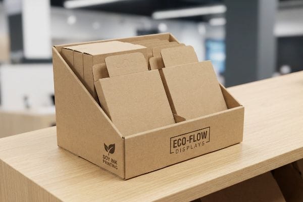 Sobre um balcão de madeira clara, uma unidade PDQ de papelão ondulado da Eco-Flow Displays com impressão em tinta de soja exibe diversas caixas marrons.