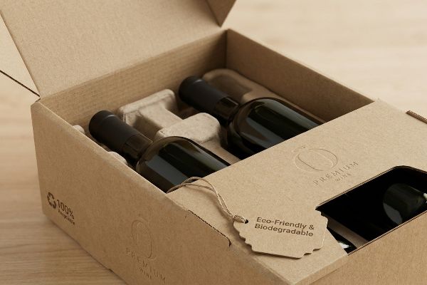 An open corrugated box holds two Premium Wine bottles, featuring '100% Recyclable' and an 'Eco-Friendly & Biodegradable' tag.