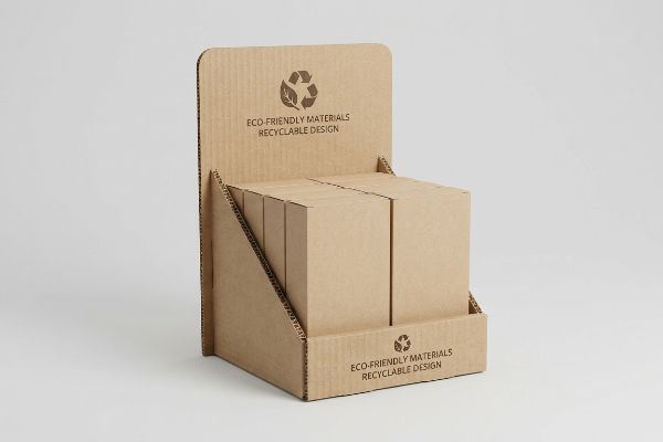 A sustainable retail display made from natural brown corrugated cardboard, featuring 
