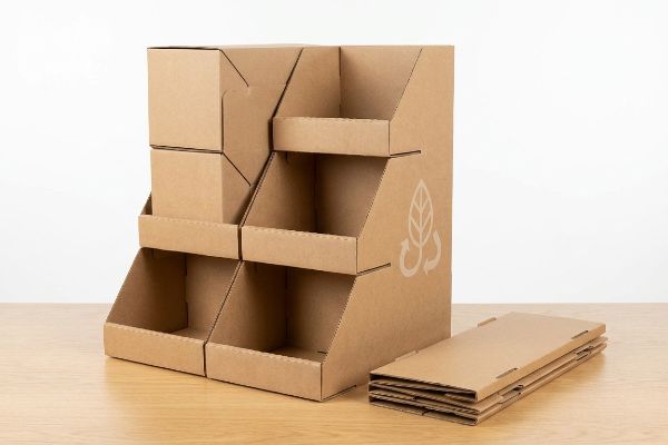 A versatile brown kraft cardboard display stand, partially assembled, with flat-packed pieces and an eco-friendly recycling symbol, ideal for seasonal stores.