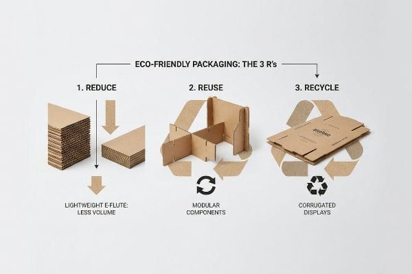 Corrugated cardboard diagram illustrating Eco-Friendly Packaging: The 3 R's, showcasing Lightweight E-Flute for Reduce, Modular Components for Reuse, and Corrugated Displays for Recycle.
