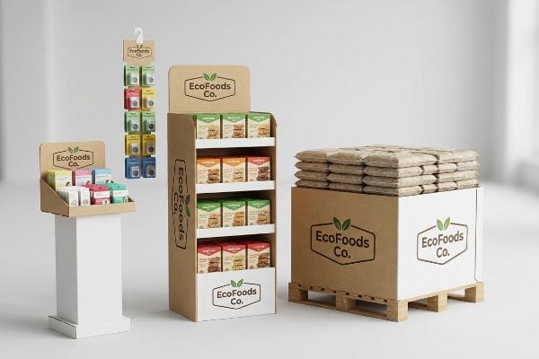 EcoFoods Co. point-of-purchase displays: countertop, freestanding floor unit, hanging clip strip, and corrugated pallet display with stacked bags.