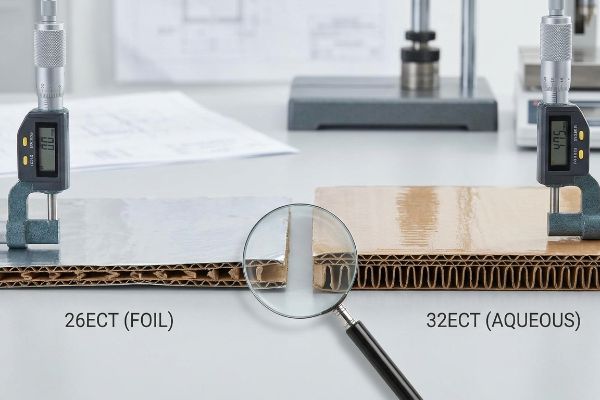 Corrugated cardboard samples, 26ECT (Foil) and 32ECT (Aqueous), are measured by micrometers, highlighting flute structure and surface finishes.