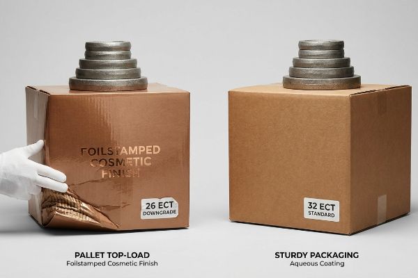 A hand peels back a collapsed 26 ECT Foilstamped Cosmetic Finish box under weights, contrasting with a sturdy 32 ECT Standard box.
