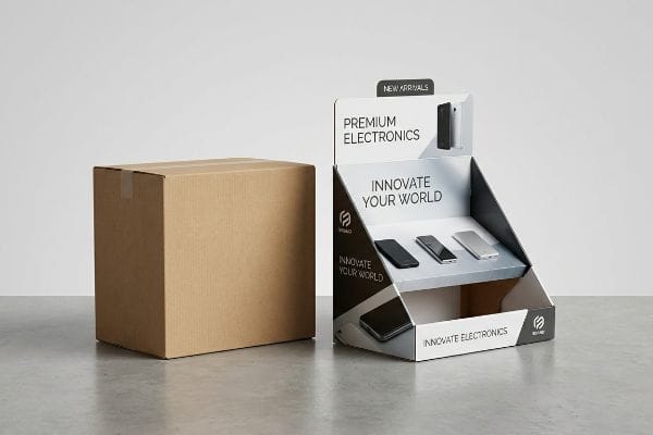 A retail display box for Premium Electronics, showcasing New Arrivals and Innovate Your World branding with smartphones, stands beside a plain brown shipping box.