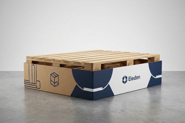 A branded Eleden pallet skirt, made from custom-printed corrugated cardboard in navy blue, white, and brown, supports a wooden transport pallet.