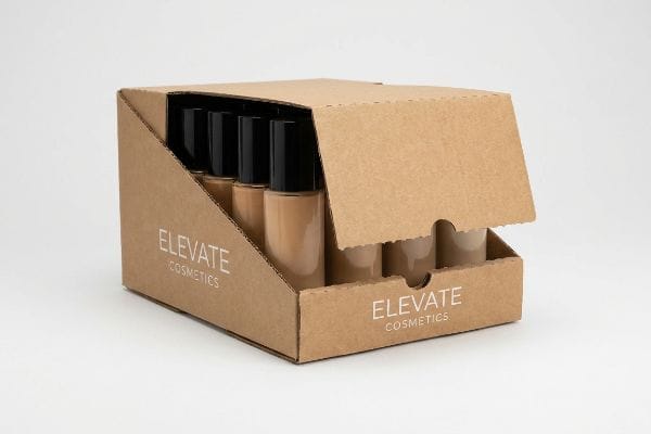 Brown corrugated cardboard display box for Elevate Cosmetics liquid foundation, featuring shelf-ready packaging.