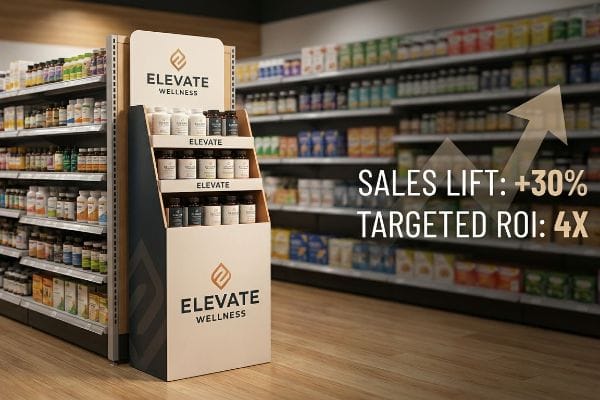 Um expositor de papelão para os suplementos da Elevate Wellness mostra um aumento de 30% nas vendas e um retorno sobre o investimento (ROI) 4 vezes maior do que o esperado em um corredor de varejo.