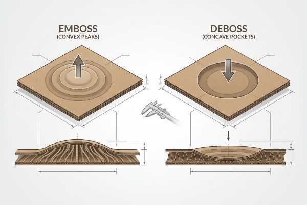 Corrugated cardboard diagrams illustrate Emboss (Convex Peaks) and Deboss (Concave Pockets) effects, showing caliper changes and structural impact.