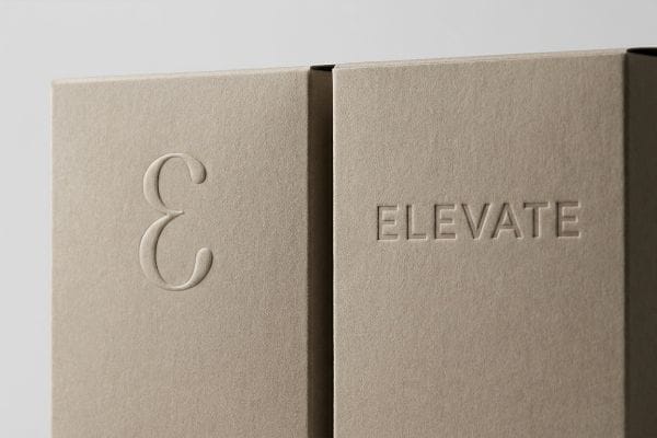 Two textured beige paperboard boxes feature an embossed E and debossed Elevate text, highlighting 3D packaging.