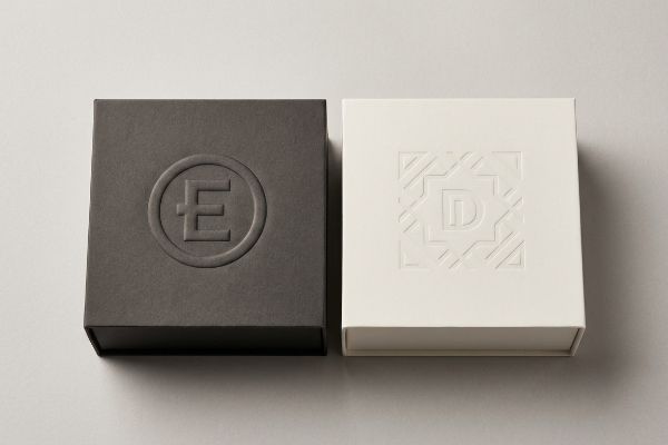 Dark gray paperboard box featuring a prominent embossed 'E' logo, showcasing raised texture for retail packaging.