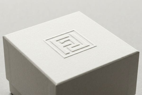 Textured white paperboard box with a deeply embossed geometric brand logo, creating sharp shadows and highlights for visual disruption.