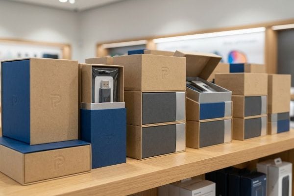 Retail shelf with custom kraft and blue product boxes, embossed 'P' logo, one open showing a USB adapter.