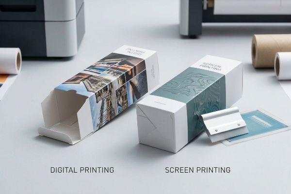 Caixa de impressão digital com colagem de fotos, ao lado de uma caixa de serigrafia com padrão tátil em relevo, rodo e tela de proteção.
