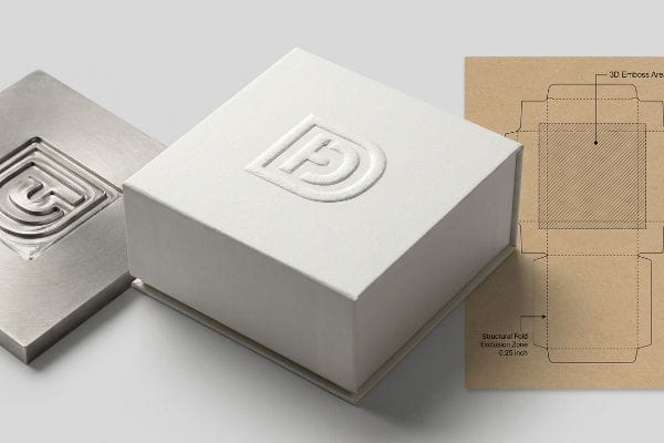 White embossed box, metal die, and diagram with '3D Emboss Area' and 'Structural Fold Exclusion Zone 0.25 Inch'.